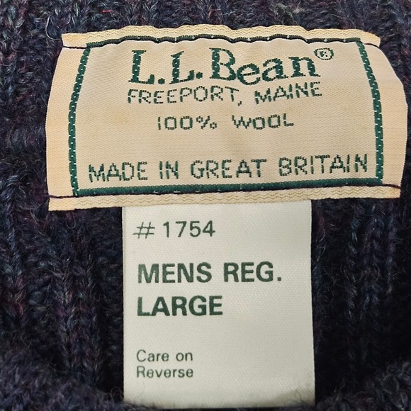 LL Bean Wool Commando Sweater Large Navy Rib Knit Shoulder Elbow Patches Vintage - Picture 3 of 8